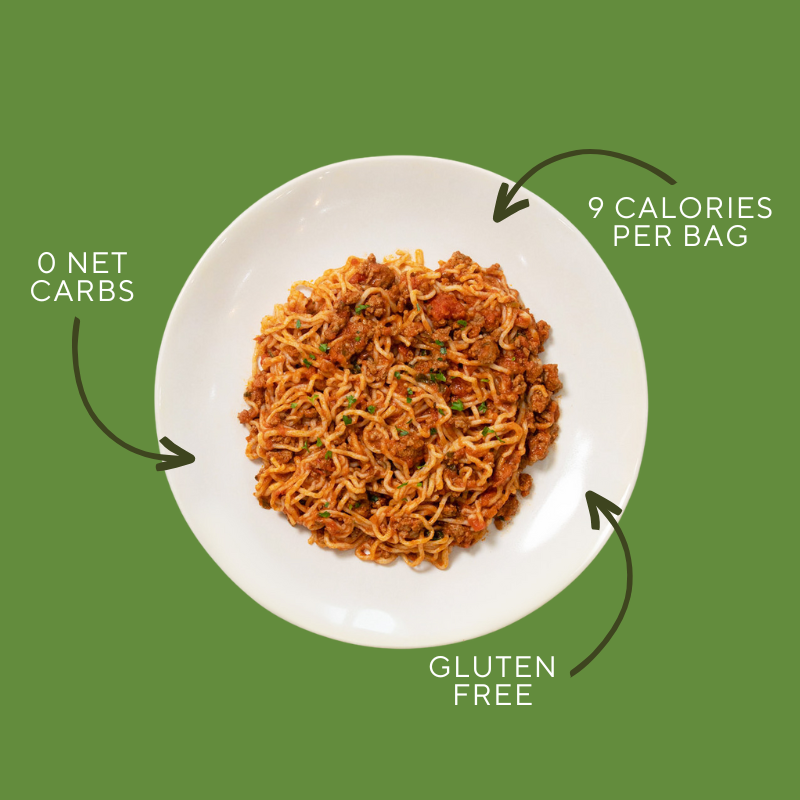 It's Skinny Spaghetti image showing 0 net carbs, 9 calories a bag and gluten free