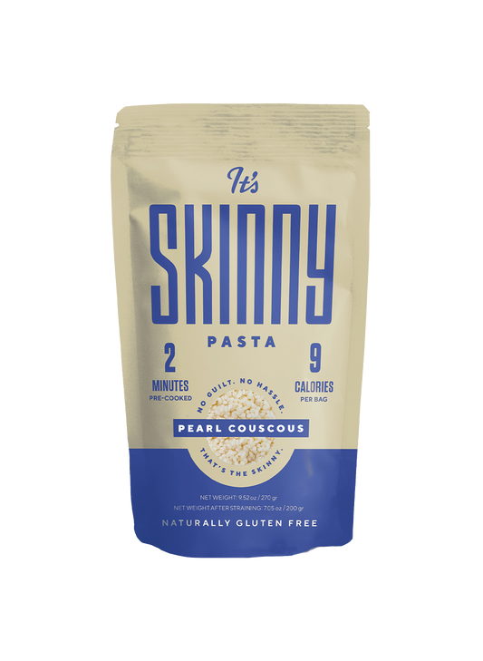 Packaging of Its Skinny Pasta brand pearl couscous, indicating that the product is gluten-free and has a net carb count of 9 grams per serving.