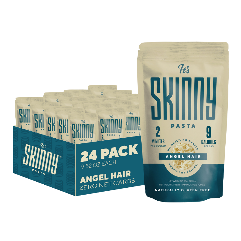 It's Skinny Angel Hair Pasta packaging presented in single packages and 24-pack, with dark, blue and creamy packaging. 