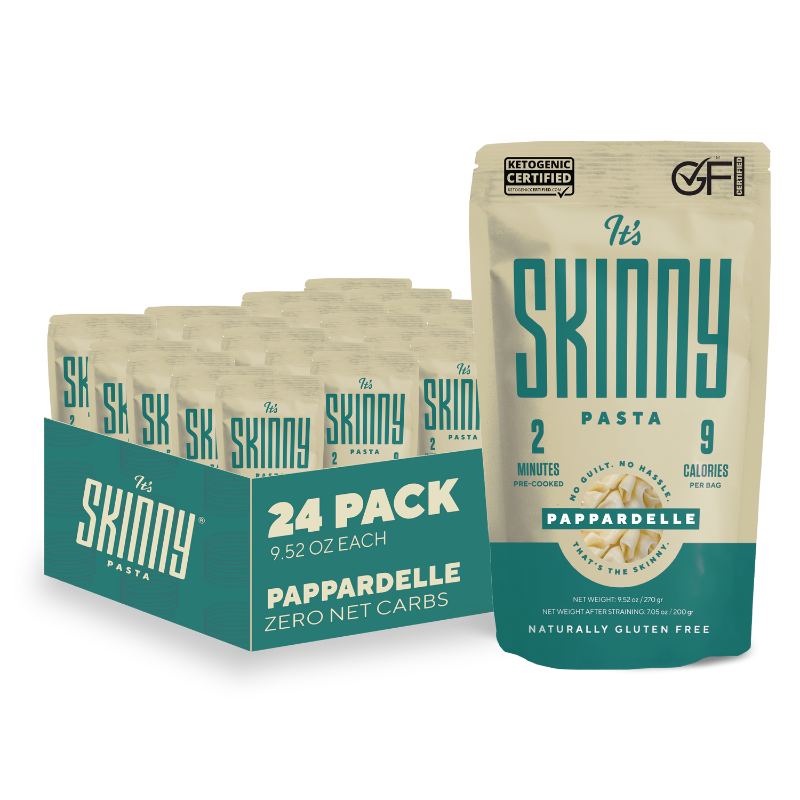 A single package of It's Skinny Pappardelle Pasta is displayed in front of a 24 pack of It's Skinny.