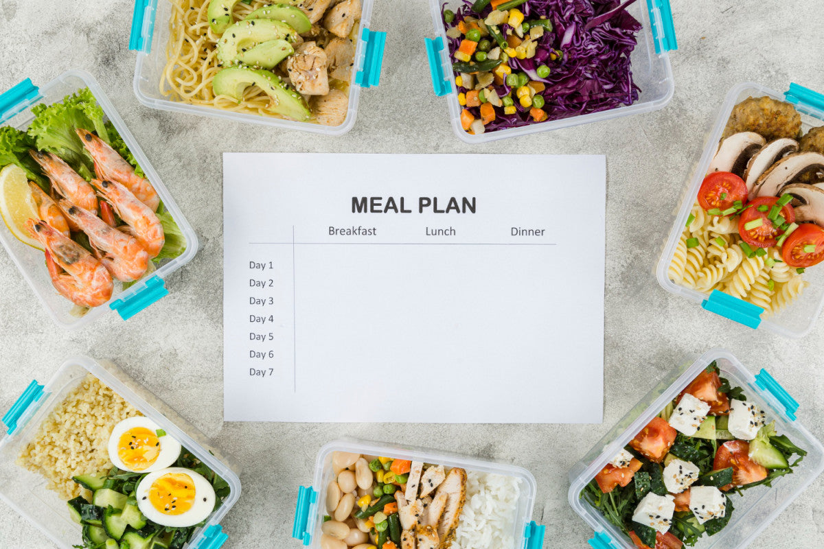 Seven open plastic containers, each with an already prepared and planned meal. The containers circle around a weekly meal plan calendar.