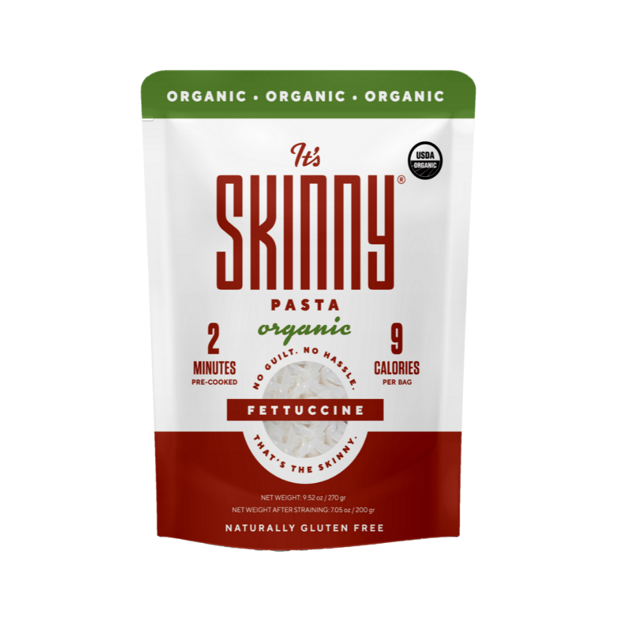 A single package of It's Skinny Fettuccine Pasta is displayed with maroon and white packaging and a green banner across the top labeled 'organic'. 