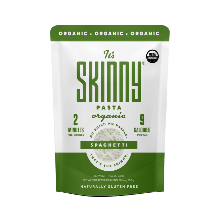 A single package of It's Skinny Spaghetti Pasta is displayed with bright green and white packaging and a green banner across the top labeled 'organic'. 