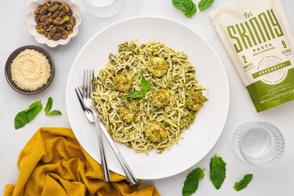 It's Skinny Spaghetti with Pistachio Basil Pesto