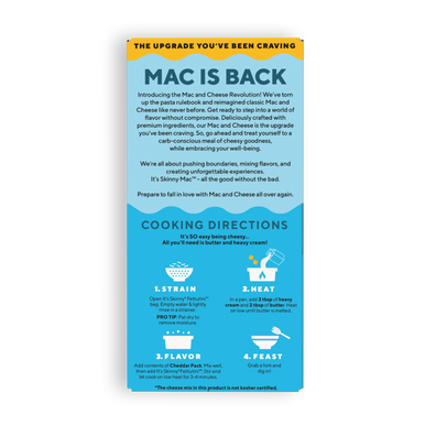 The back of It's Skinny Mac and Cheese packaging is blue and features text and cooking directions with white icons.