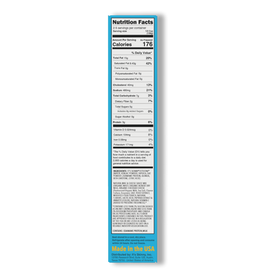 The side panel of a box of It's Skinny Mac and Cheese with the nutrition information and ingredients.