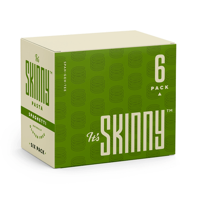 A 6-count box of It's Skinny spaghetti, packaged in a green and beige cardboard box with "It's Skinny" on the side.