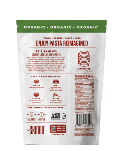 The back of a bag of Organic It's Skinny Fettuccine Pasta contains product details, cooking directions, and nutrition facts.