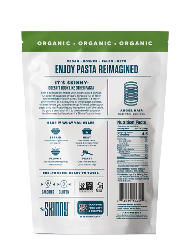 The back of a bag of It's Skinny Organic Angel Hair pasta details cooking directions and nutrition facts.