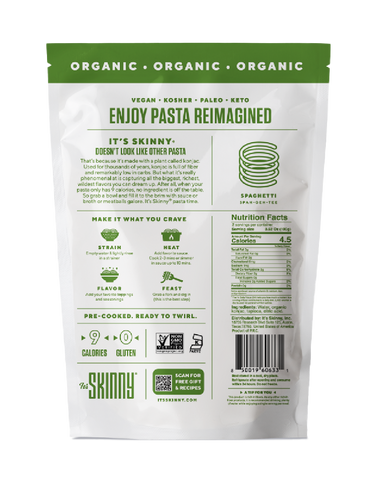 The back packaging of a bag of It's Skinny Organic Spaghetti features product details, cooking directions, and nutrition facts.