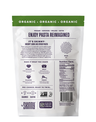 The back of a bag of It's Skinny Organic Rice with product details, cooking directions, and nutrition information.